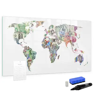 Magnetic glass dry erase board with banknote map design