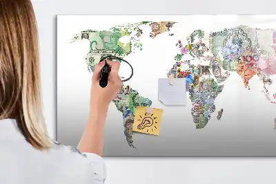 Magnetic glass dry erase board with banknote map design