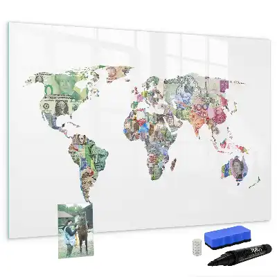 Magnetic glass dry erase board with banknote map design