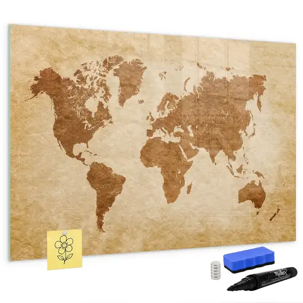 Magnetic glass dry erase board with an old style world map design