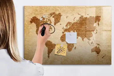 Magnetic glass dry erase board with an old style world map design