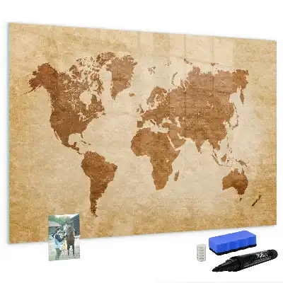 Magnetic glass dry erase board with an old style world map design