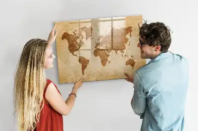 Magnetic glass dry erase board with an old style world map design