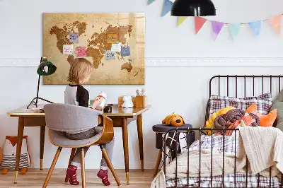 Magnetic glass dry erase board with an old style world map design