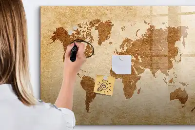 Magnetic glass dry erase board with an old style world map design