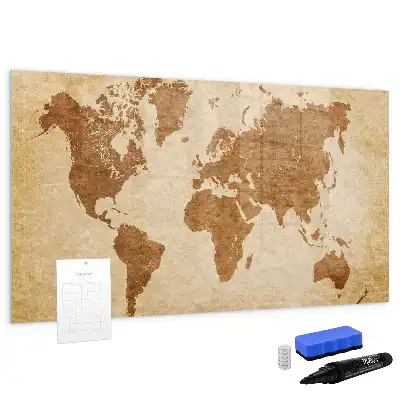 Magnetic glass dry erase board with an old style world map design
