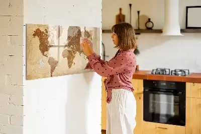 Magnetic glass dry erase board with an old style world map design