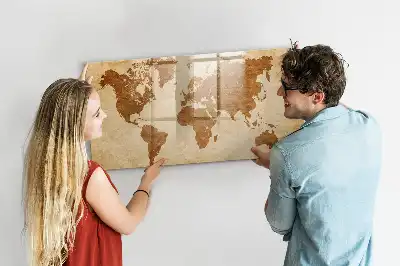 Magnetic glass dry erase board with an old style world map design