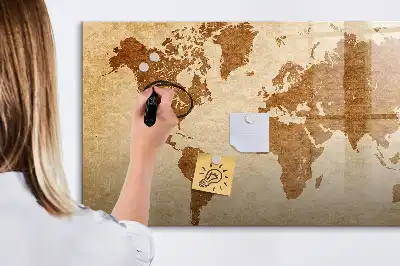 Magnetic glass dry erase board with an old style world map design