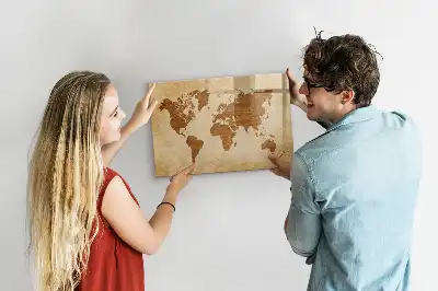 Magnetic glass dry erase board with an old style world map design