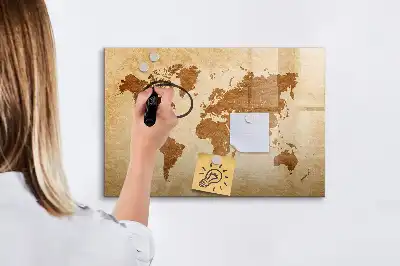Magnetic glass dry erase board with an old style world map design