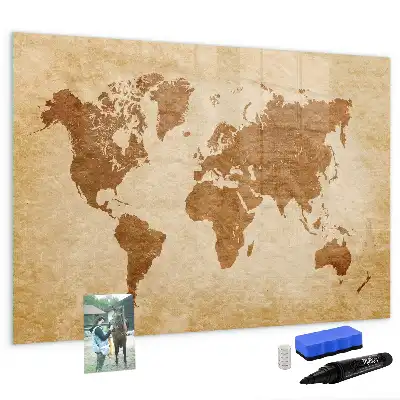 Magnetic glass dry erase board with an old style world map design