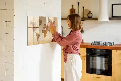 Magnetic glass dry erase board with an old style world map design