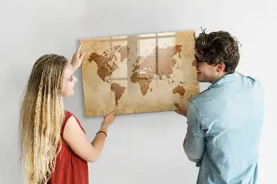 Magnetic glass dry erase board with an old style world map design