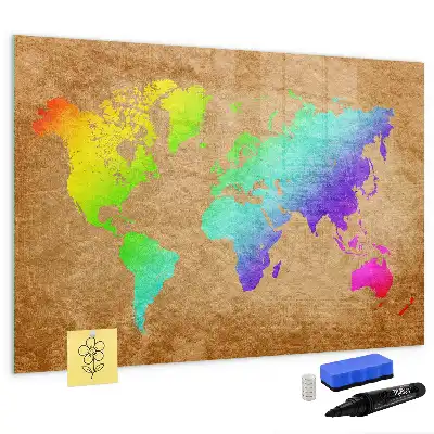 Magnetic glass dry erase board with rainbow world map design