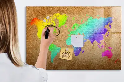 Magnetic glass dry erase board with rainbow world map design