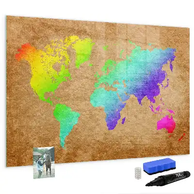 Magnetic glass dry erase board with rainbow world map design