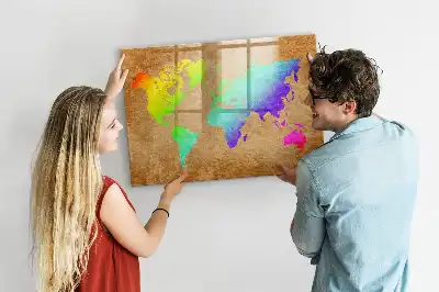 Magnetic glass dry erase board with rainbow world map design