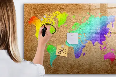 Magnetic glass dry erase board with rainbow world map design