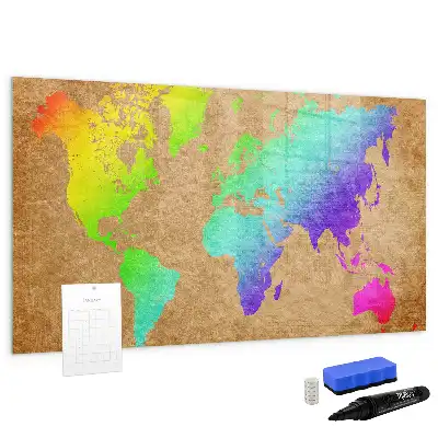 Magnetic glass dry erase board with rainbow world map design