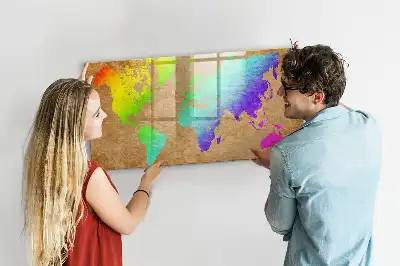 Magnetic glass dry erase board with rainbow world map design