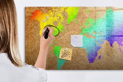 Magnetic glass dry erase board with rainbow world map design