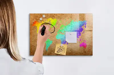 Magnetic glass dry erase board with rainbow world map design