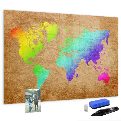 Magnetic glass dry erase board with rainbow world map design
