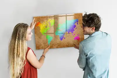 Magnetic glass dry erase board with rainbow world map design