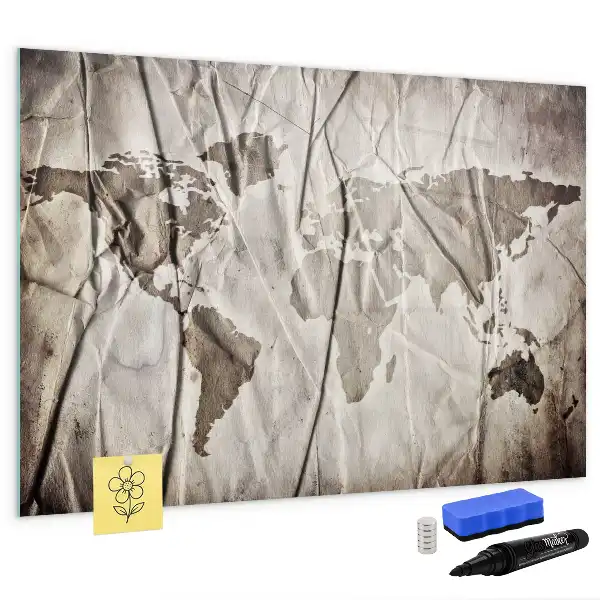 Magnetic glass dry erase board with world map pattern
