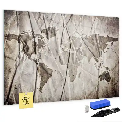 Magnetic glass dry erase board with world map pattern