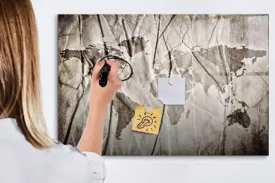 Magnetic glass dry erase board with world map pattern