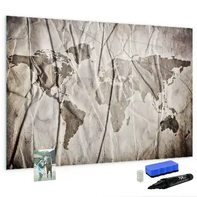 Magnetic glass dry erase board with world map pattern