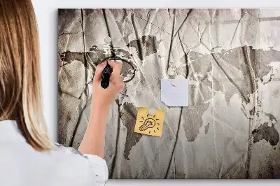 Magnetic glass dry erase board with world map pattern