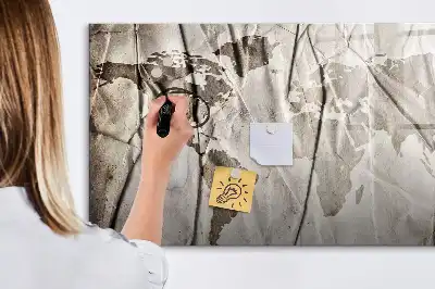 Magnetic glass dry erase board with world map pattern