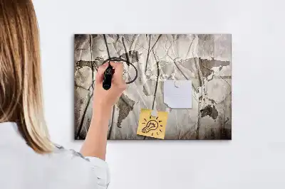 Magnetic glass dry erase board with world map pattern