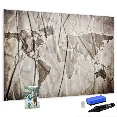 Magnetic glass dry erase board with world map pattern