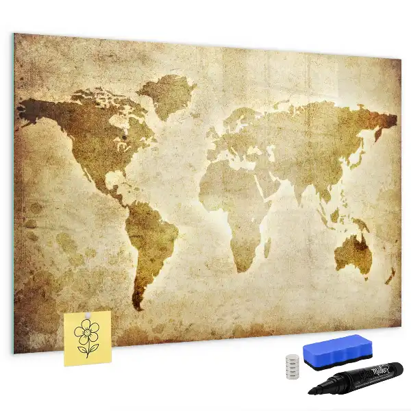 Magnetic glass dry erase board with an old world map design