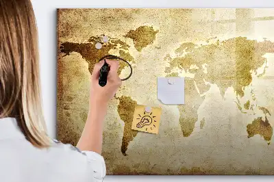 Magnetic glass dry erase board with an old world map design