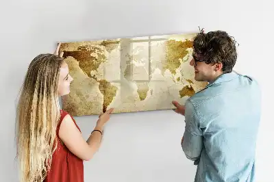 Magnetic glass dry erase board with an old world map design