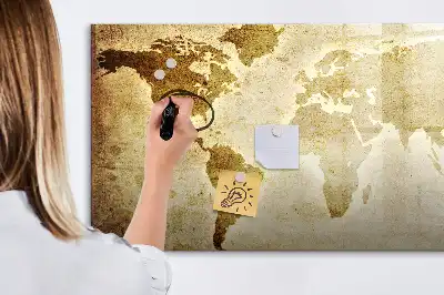 Magnetic glass dry erase board with an old world map design