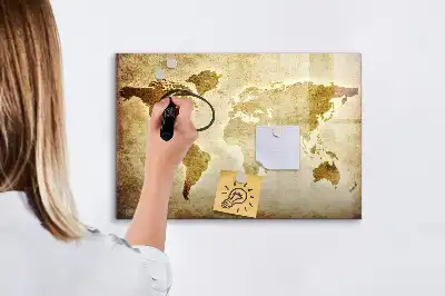 Magnetic glass dry erase board with an old world map design