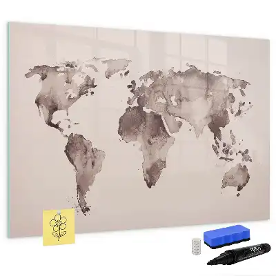 Magnetic glass dry erase board with watercolor world map design