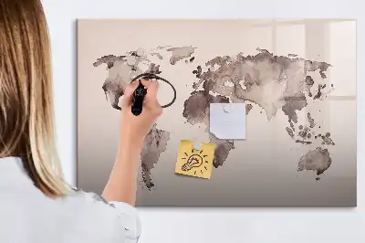 Magnetic glass dry erase board with watercolor world map design
