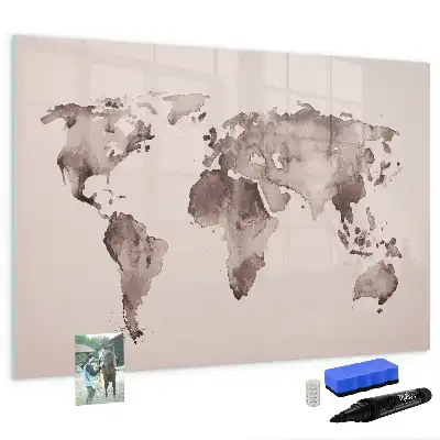 Magnetic glass dry erase board with watercolor world map design