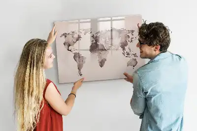 Magnetic glass dry erase board with watercolor world map design