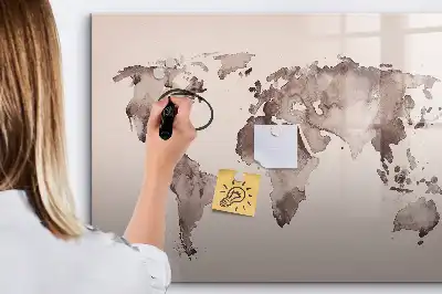 Magnetic glass dry erase board with watercolor world map design