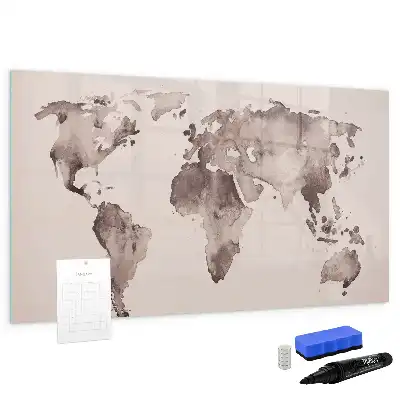 Magnetic glass dry erase board with watercolor world map design