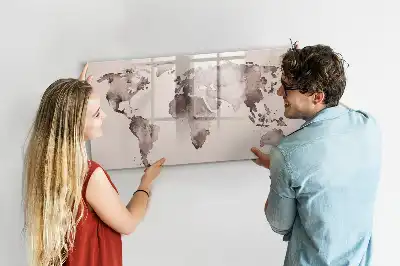 Magnetic glass dry erase board with watercolor world map design