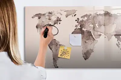 Magnetic glass dry erase board with watercolor world map design
